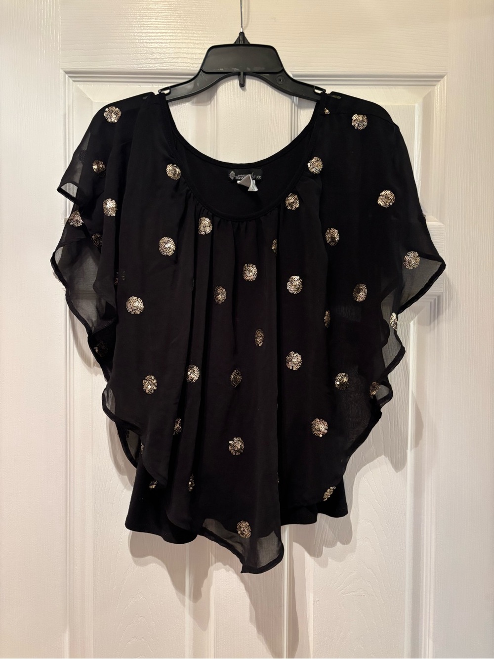 Vintage Black Sheer Flowy Top Gold Sequin Dots